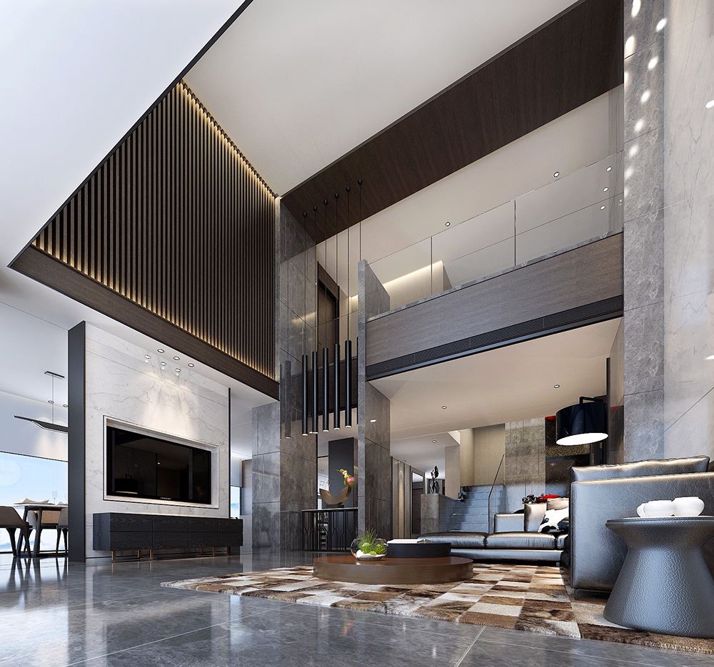 黑白灰现代简约风格室内装修效果图-桂林天湖郦都别墅420平米